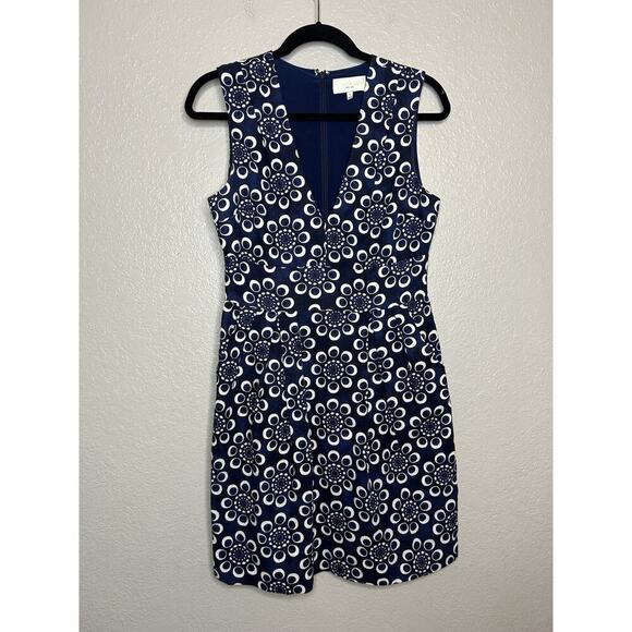 Adam Lippes Blue Floral Linen Blend V Neck Mini Dress Pockets Size 6 Silk Lining - Picture 1 of 10